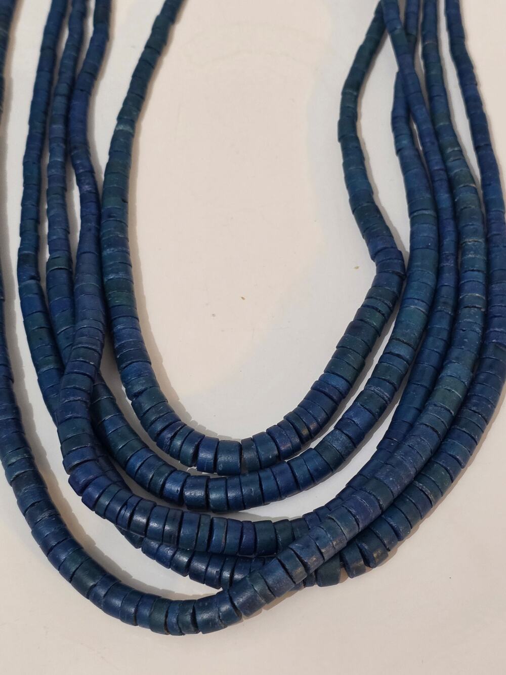 Vintage Coconut Shell Blue Heishi Bead Necklace 5 Strand 21"